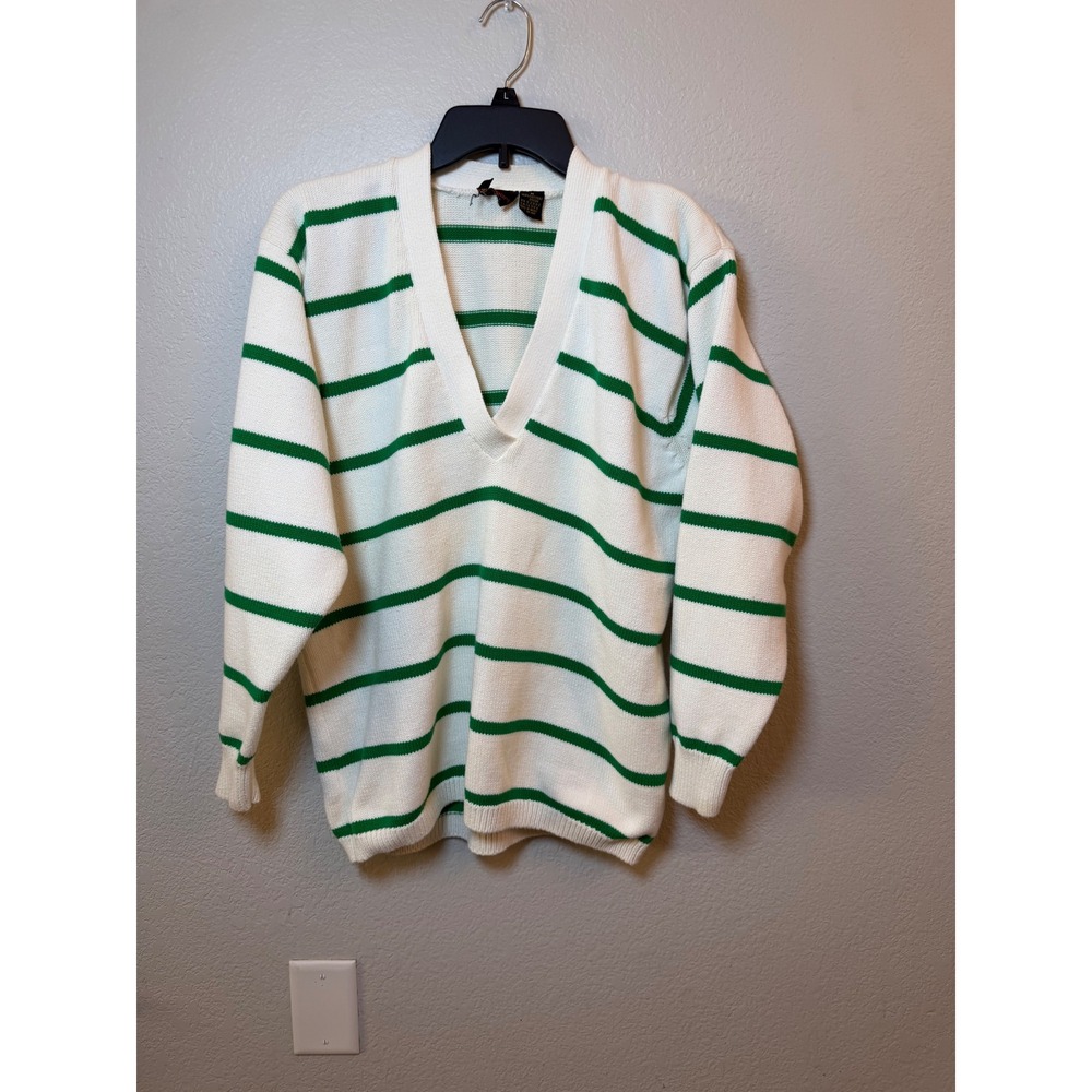 Vintage Lizsport White Green Striped Cotton V-Neck Sweater Size Medium